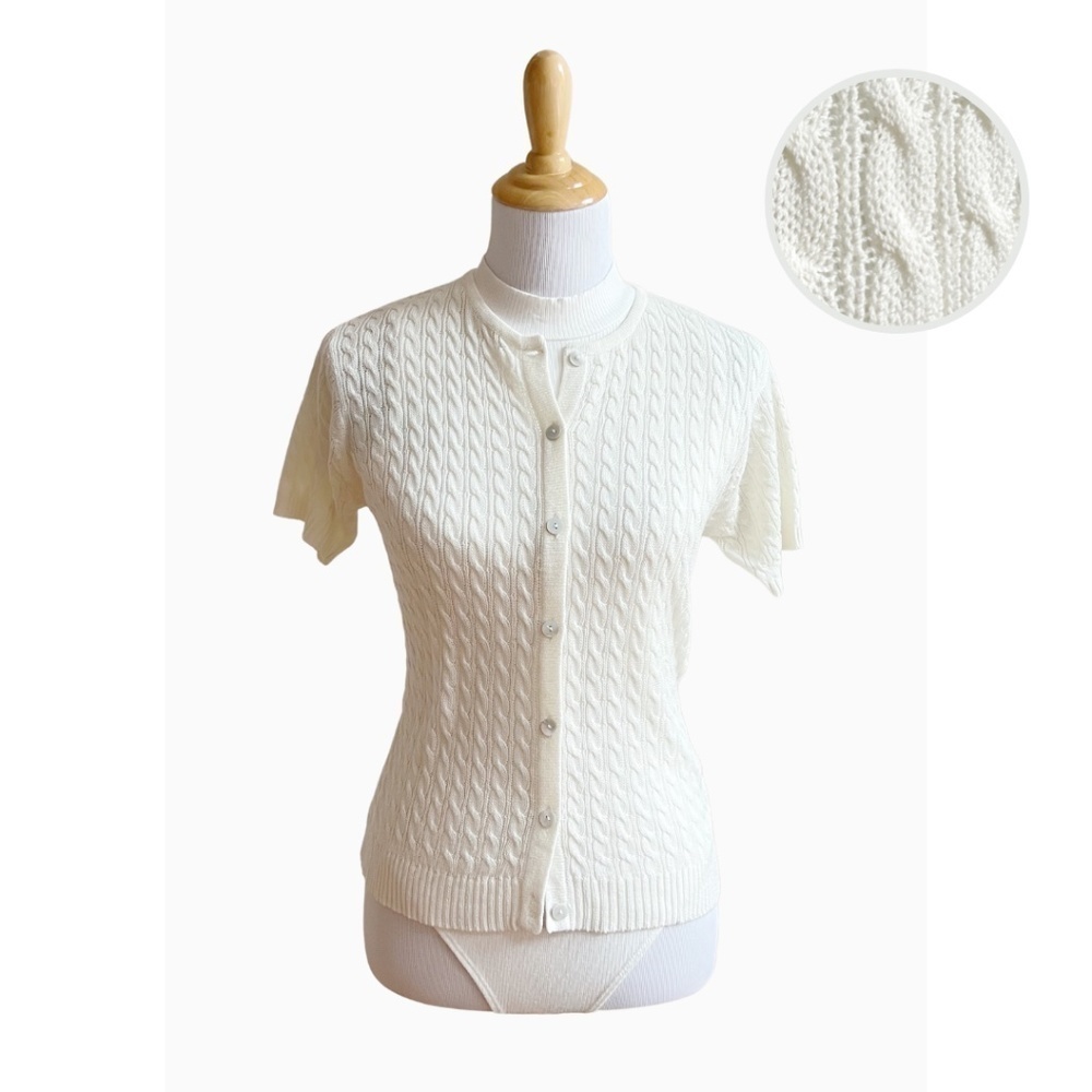 Vintage Rena Rowan for Saville Cable Knit Short Sleeves White Sweater Top - SP